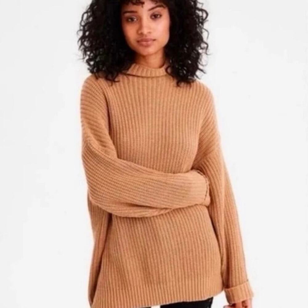 American Eagle Oversized Ribbed Sweater Camel Mock Neck Cozy Large XL